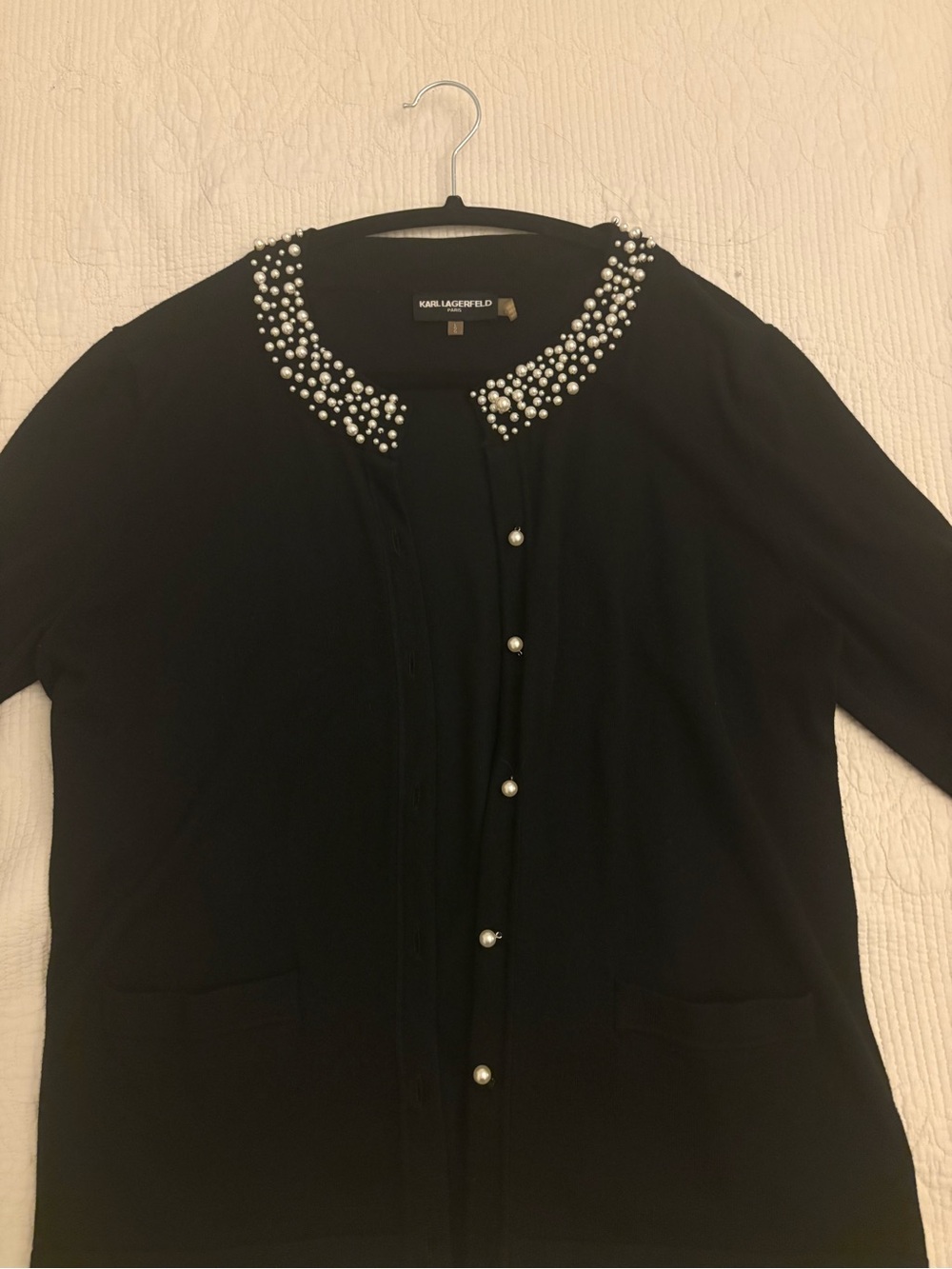 Karl Lagerfeld Paris Pearl Embellished Cardigan Sweater Black L